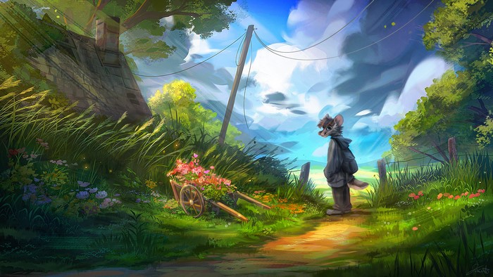 4K, tail, blue eyes, wheelbarrows, Jacato, chimneys, backpacks, flowers, furry, Anthro, forest, cottage