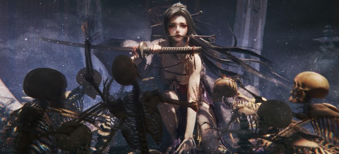 Lu Jieyun, sword, skeleton, bones, fantasy girl, weapon, girls with swords, fantasy art, artwork