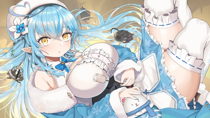 cleavage, anime girls, thighs, marshmellows, Yukihana Lamy, blue hair, long hair, thigh-highs, Hololive, yellow eyes, lying down