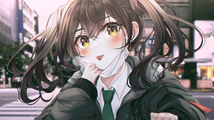 4K, tongue out, Sunazuka Akira, anime girls, mask, Bbeedol, yellow eyes, THE, brunette, anime, piercing, pigtails