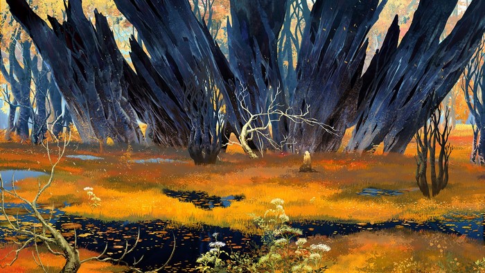 fall, digital art, fantasy art, swamp, amber, trees, watermother Jian, forest
