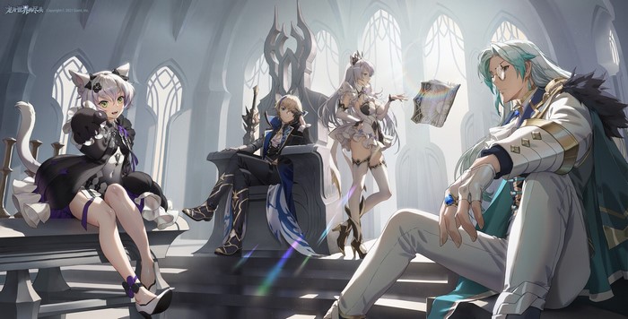 rainbows, men, glasses, anime girls, green eyes, Bluezima, drawing, fantasy art, women, cat girl, books