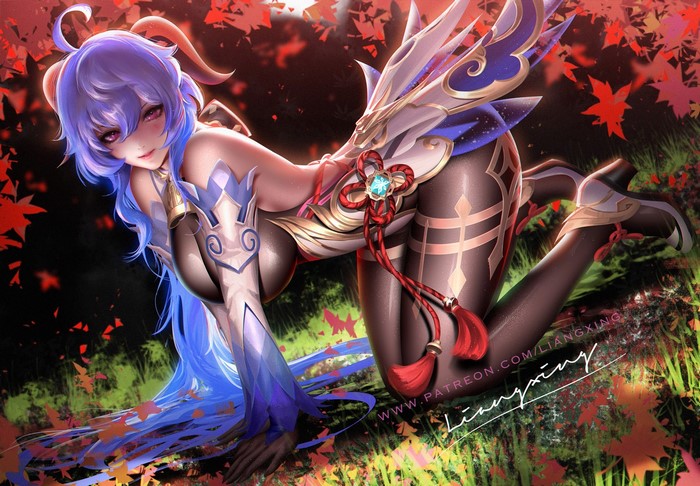 horns, Ganyu (Genshin Impact), Liang-Xing, Genshin Impact, bent over, blue hair, bodysuit, anime girls, long hair