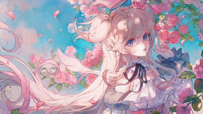 roses, petals, red nails, belt, Matcha_, clouds, sky, looking at viewer, crown, anime, anime girls, ribbons, flowers, Virtual Youtuber