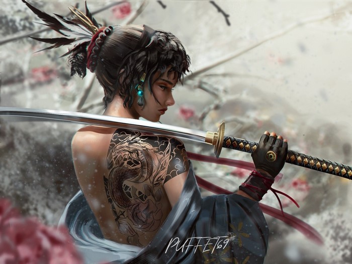 Fantasy Girl with Katana and Detailed Tattoo
