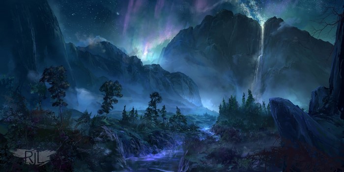 Ryan Lowe, waterfall, aurorae, landscape, fantasy art, Seven Lions, mountains, digital art