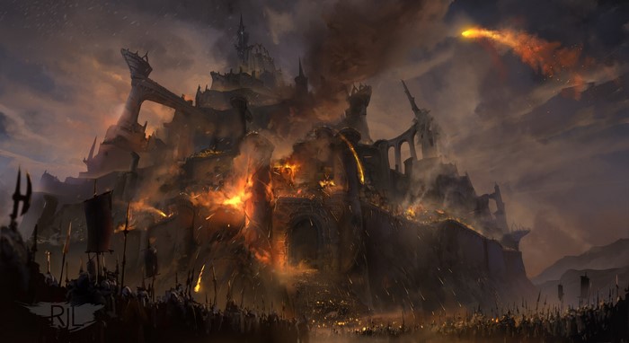 fantasy art, Ryan Lowe, digital art, castle, siege, spear, fantasy city