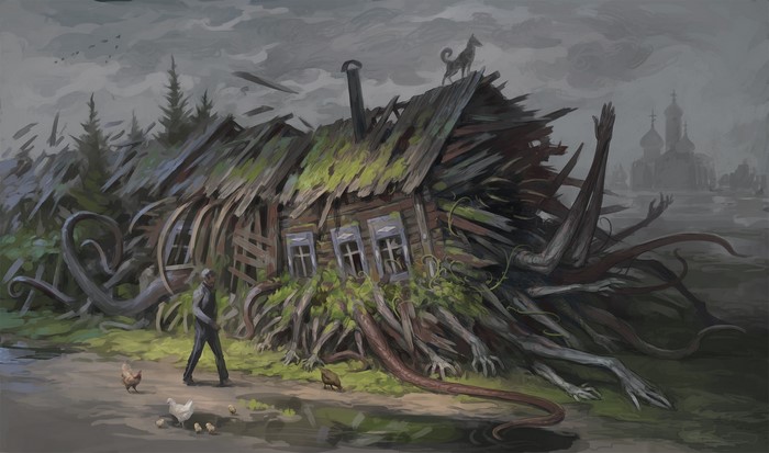 church, hands, creepy, wooden huts, men, artwork, digital art, Denis Zhbankov, fantasy art, house, tentacles