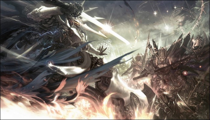 fantasy art, sword, weapon, ArtStation, armored, artwork, fire, fantasy armor, battle, Seunghee Lee