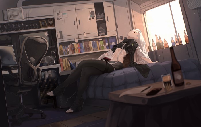 4K, bare midriff, anime girls, Girls Frontline, AK-Alfa (Girls Frontline), white hair, room, anime, long hair, ReI Leyi