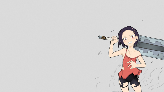 fun_nyari, dark hair, tomboys, loli, spats, fangs, anime girls, ripped clothes, anime, hairpin, sword, bike shorts, manga, brown eyes, short hair, loose clothing