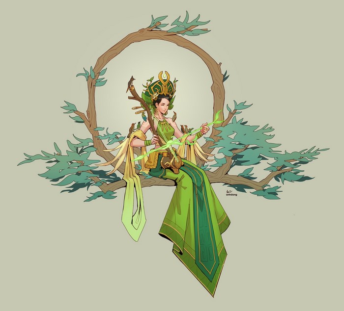 fantasy girl, dark hair, earrings, nature, women, music, birds, sitting, fantasy art, musical instrument, dress, artwork, Anh Dang, green dress, simple background