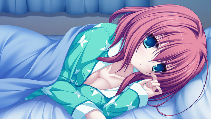 anime girls, in bed, blue eyes, pyjamas, redhead, cleavage, Lunaris Filia, Mikagami Mamizu