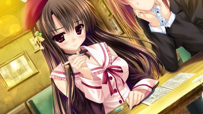 Kugayama Konoka, Shintarou, artwork, purple eyes, long hair, anime girls, Prism Recollection, brunette, blush, anime