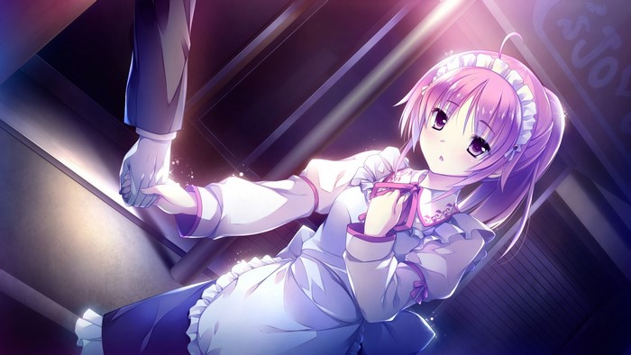 maid outfit, Sakurazaki Hana (Ojou-sama wa Gokigen Naname), pink hair, anime girls, ponytail, Mutou Kurihito, purple eyes