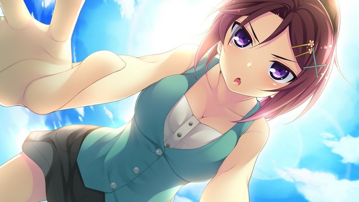 brunette, Mouri Sakura (Ryuusei☆Kiseki -Shooting Probe-), looking at viewer, purple eyes, anime girls, bent over
