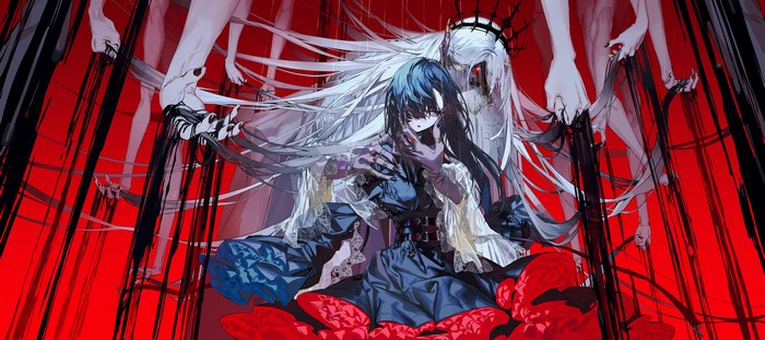 4K, long hair, piercing, hands, blonde, Rolua Noa, dress, blue hair, crown, anime girls, ribbons, red background, blue eyes, rings, artwork, anime, black nails