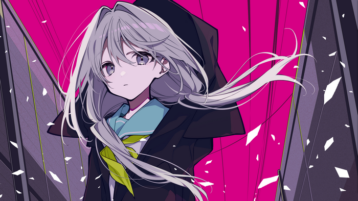 looking at viewer, purple eyes, anime, school uniform, Loopers, gray hair, purple hair