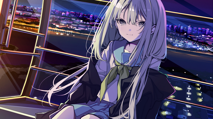 Loopers, sitting, crying, purple hair, anime girls, tears, looking at viewer, anime