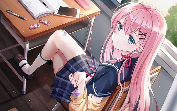 4K, Iren Lovel, classroom, Tenebria, anime girls, legs, sitting, lolipop, long hair, artwork, Epic Seven, school uniform, anime, blue eyes, pink hair