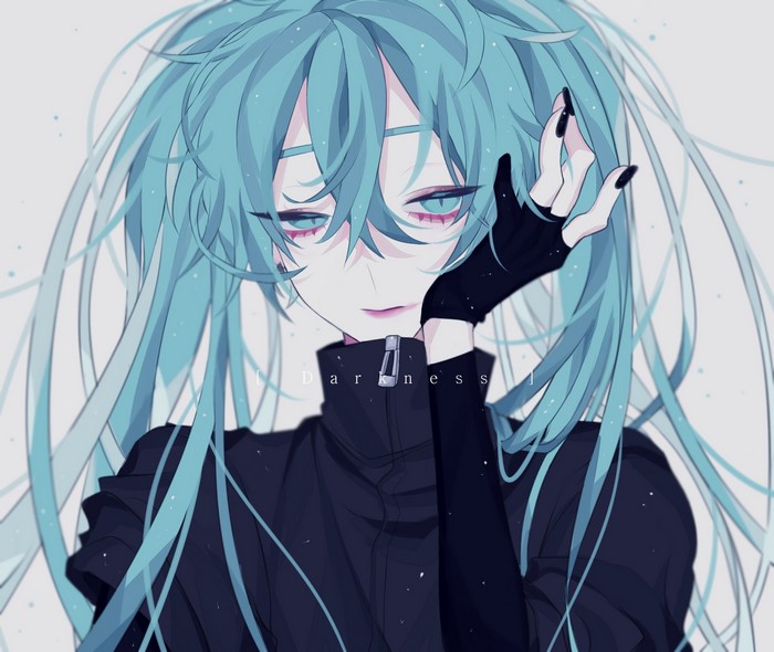 turtlenecks, Vocaloid, solo, pale, purple eyeshadow, makeup, anime, artwork, long sleeves, hand on face, aqua hair, Hatsune Miku, looking at viewer, black gloves, anime girls, fingerless gloves, violet lipstick, black jackets, messy hair, long hair, aqua eyes, black t-shirt, alternate costume, hair in face, simple background, twintails, fan art, black nails, 2D, depth of field