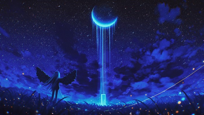 door, starry night, Elizabeth Miloecute, portal, Moon, digital art, wings