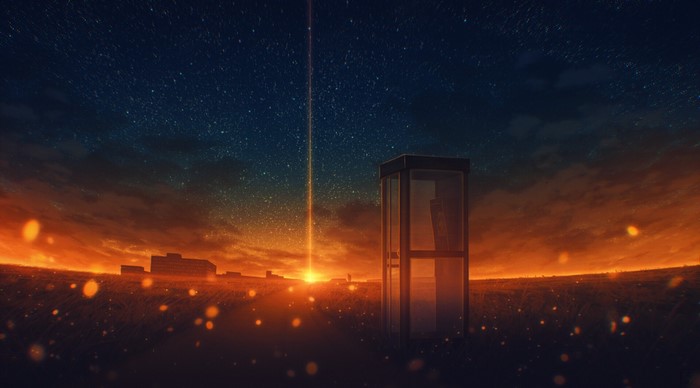 phone box, Elizabeth Miloecute, cityscape, sunrise, starry night, digital art, road, sunset
