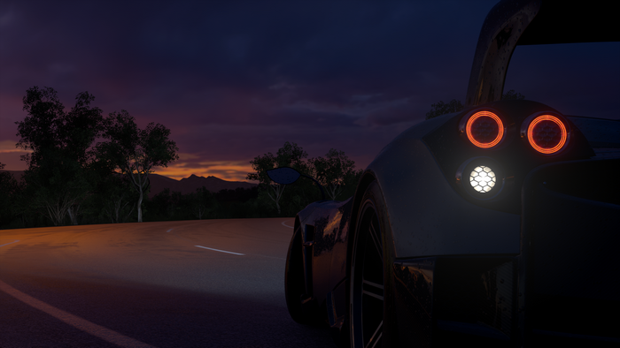 road, screen shot, forza horizon 3, Pagani Huayra BC, car, sunset glow, trees, overcast
