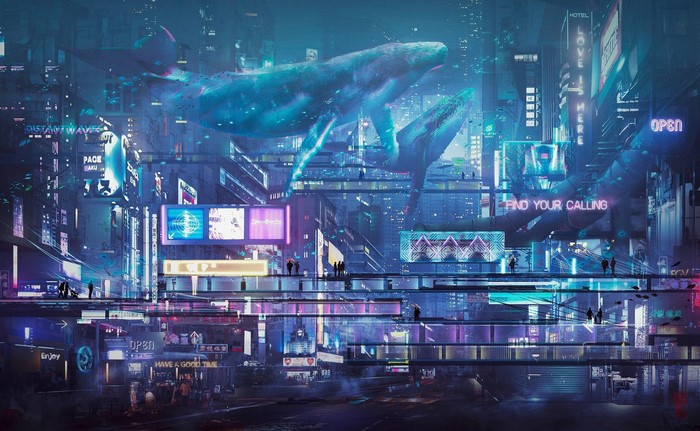 artwork, city, whale, futuristic