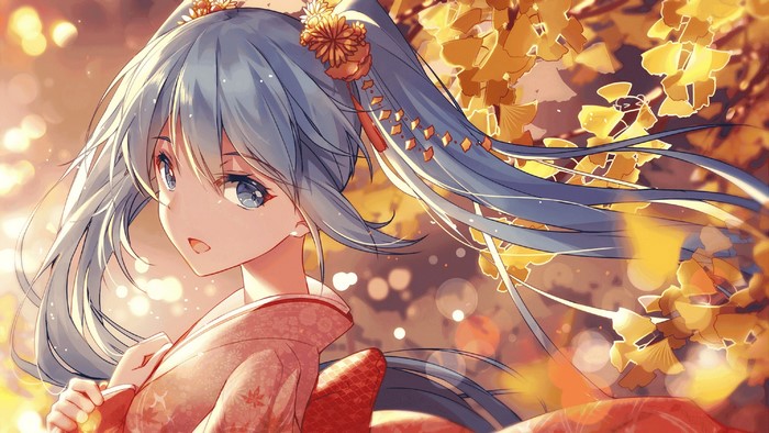Vocaloid, kimono, Japanese clothes, long hair, anime girls, artwork, blue hair, twintails, blue eyes, anime, bison cangshu, Hatsune Miku