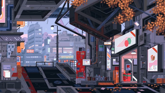 city, cyberpunk, waneella, pixel art