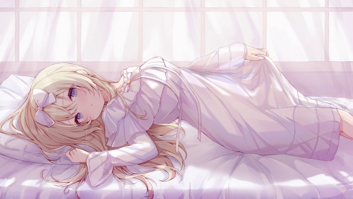 dress, in bed, anime girls, lying on back, blue eyes, anime, blonde, Fusuma