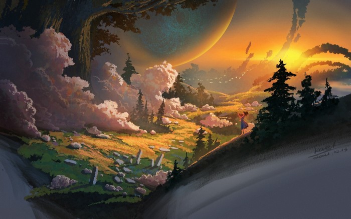clouds, landscape, digital art, Kael, birds, violin, forest