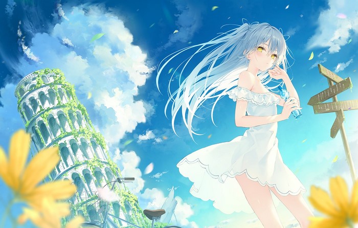 sun dress, artwork, 2D, blue hair, yellow eyes, anime, Rurudo, anime girls, dress