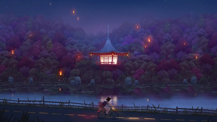 4K, artwork, road, lantern, Asian architecture, night, lake, forest, bicycle