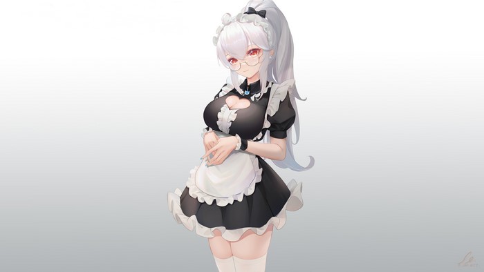 4K, thighs, simple background, maid, red eyes, looking at viewer, ponytail, maid outfit, long hair, original characters, white hair