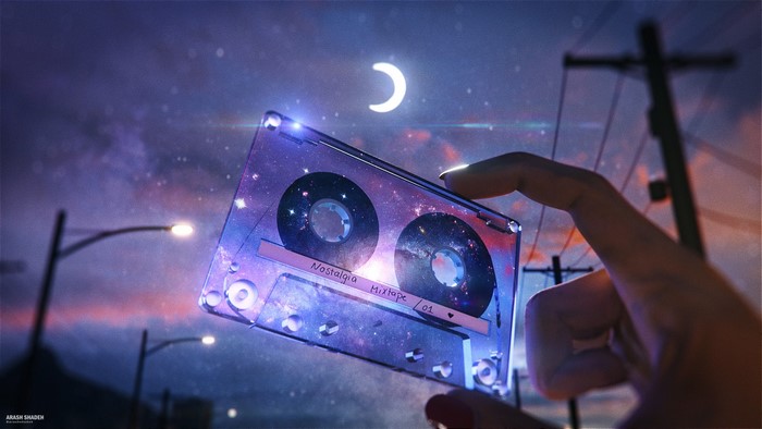 science fiction, Arash Shadeh, retro style, stars, tape, space clouds