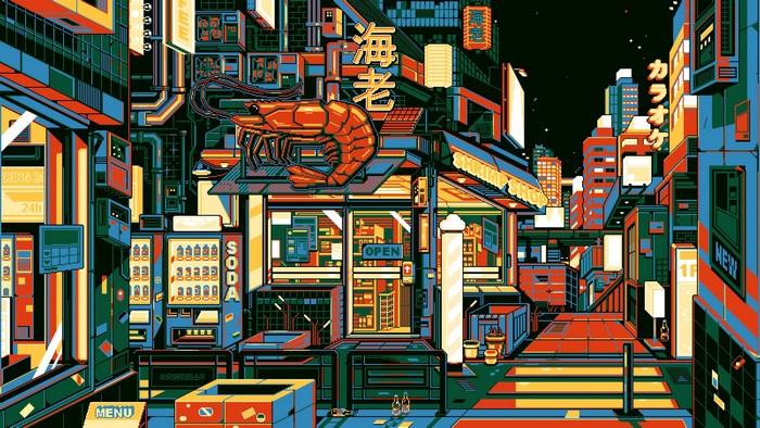 waneella, pixel art, city, lights, night