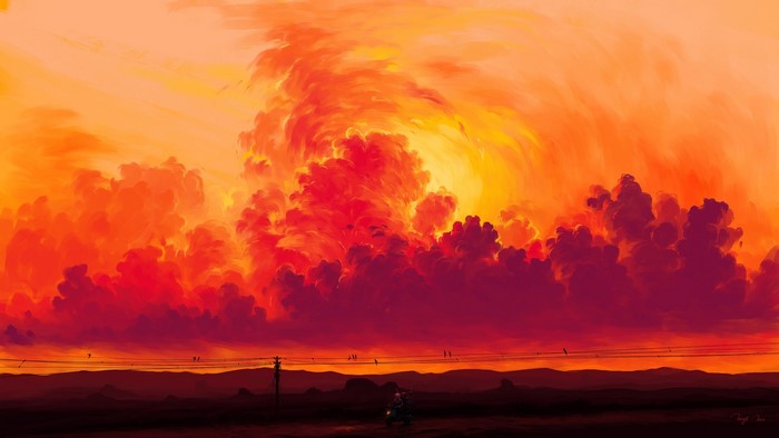 sky, digital painting, clouds, sunset, BisBiswas, motorcyclist