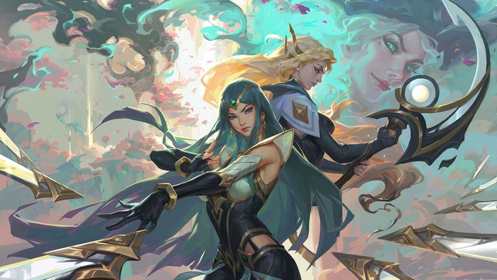 two women, fantasy girl, aqua eyes, Diana (League of Legends), fantasy art, long hair, League of Legends, aqua hair, looking at viewer, ArtStation, blonde, Irelia (League of Legends), Miss Fortune (League of Legends), Su Fu
