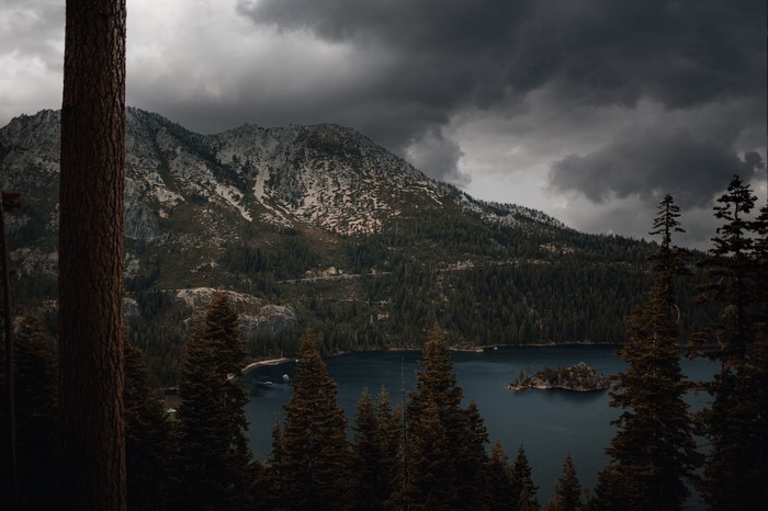mountains, snowy mountain, clouds, pine trees, overcast, lake, landscape, forest, nature