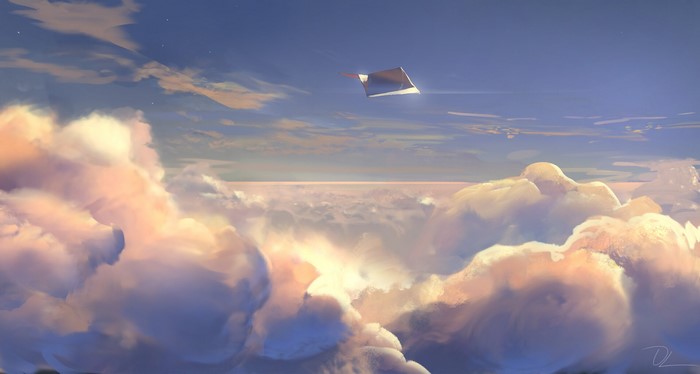 airplane, artwork, sky, paper planes, clouds