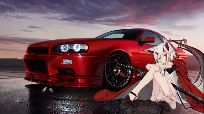 Red Anime Girl with Sword and Red Car