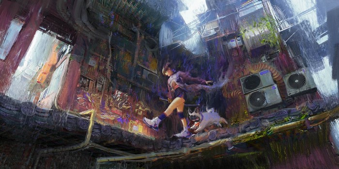 animals, dog, standing, urban, women outdoors, city, women, ArtStation, Liu Qing, artwork