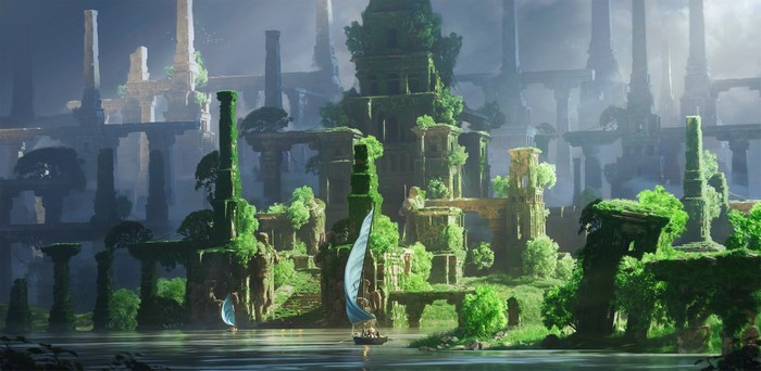 Digital Art of Overgrown Ancient Ruins by the River