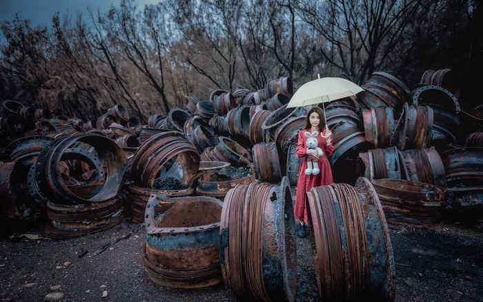 Asian Girl Holding Plush Toy with Umbrella