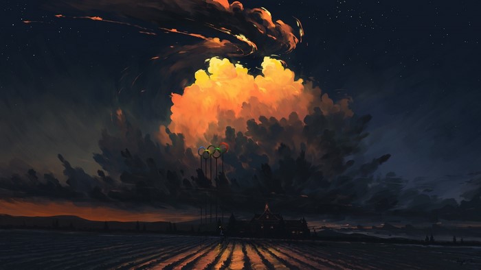 clouds, sky, night, digital painting, sport, Olympic Games, BisBiswas