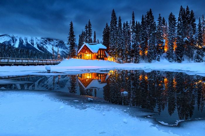 4K, house, lake, cabin, water, trees, night, snow, winter, pine trees ...