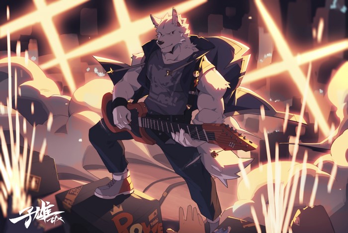 Anthro Wolf Playing Electric Guitar