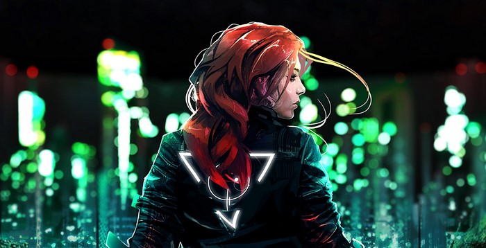 concept art, artwork, city, ArtStation, digital art, lights, women, looking at the side, Rashed AlAkroka, redhead, city lights, drawing, back